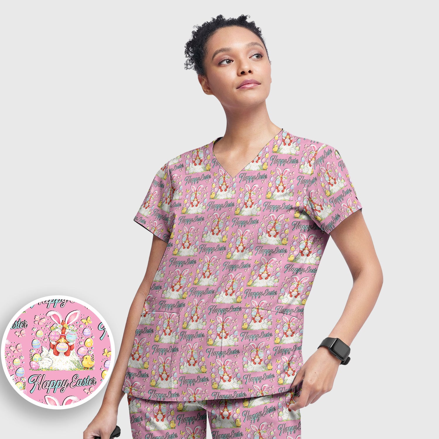 Happy Easter Bunny Eggs Pattern Scrub Set, Scrub Pants and V Neck Top