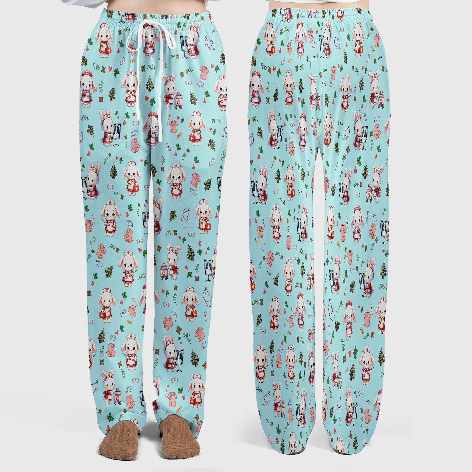 Cute Bunny Scrub Set for Nurse - Adorable Christmas Rabbit Pants and V Neck Top - Funny Holiday Medical Shirt Gift
