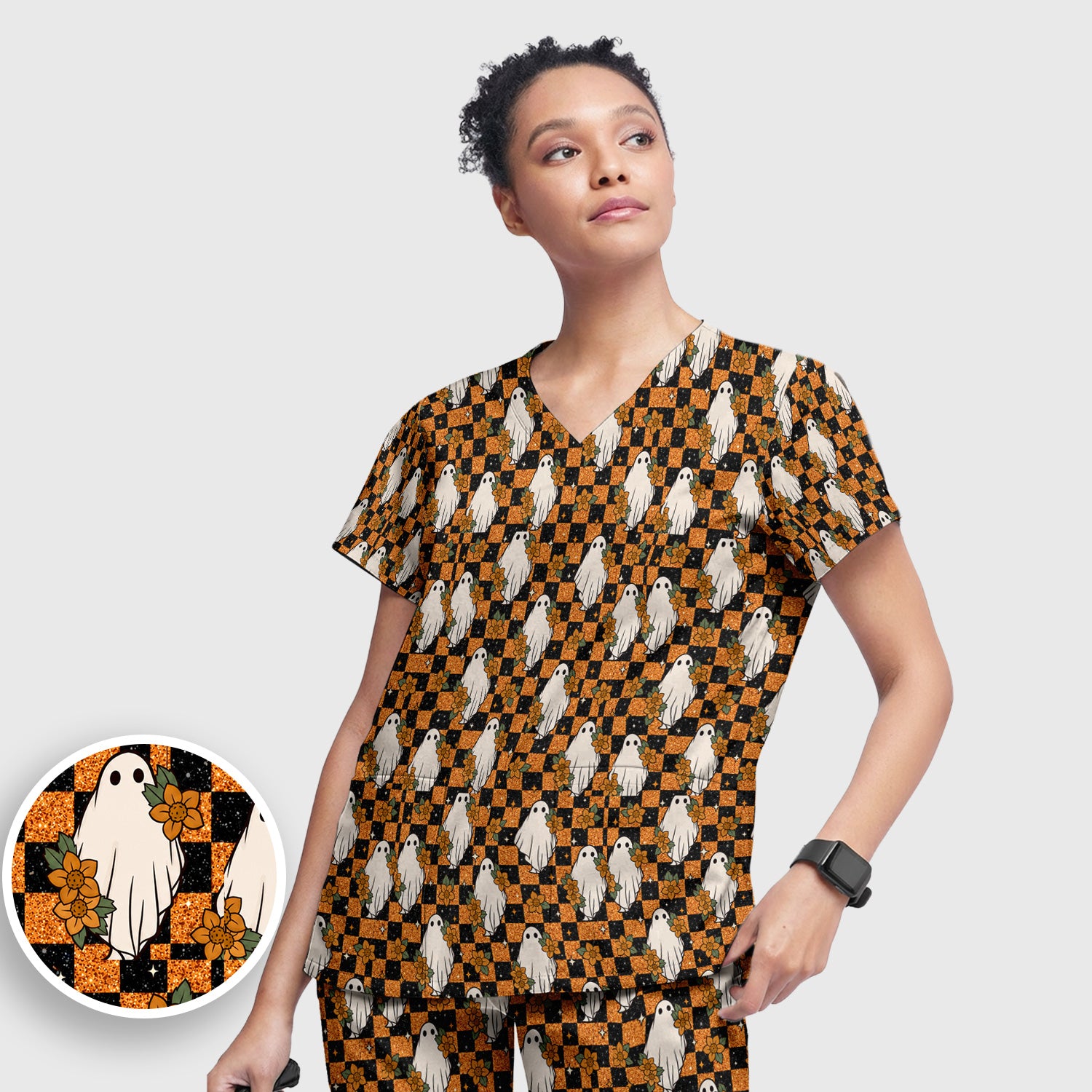 Spooky Halloween Ghost Checkerboard Scrub Set, Scrub Pants and V Neck Top