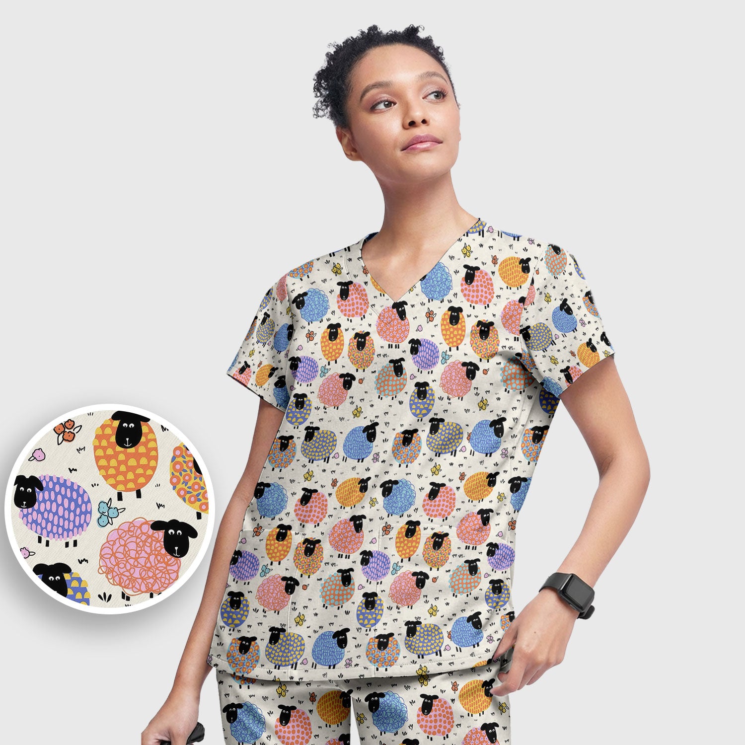 Adorable Colorful Sheep Pattern Scrubs Sets, Breathable Med Uniform