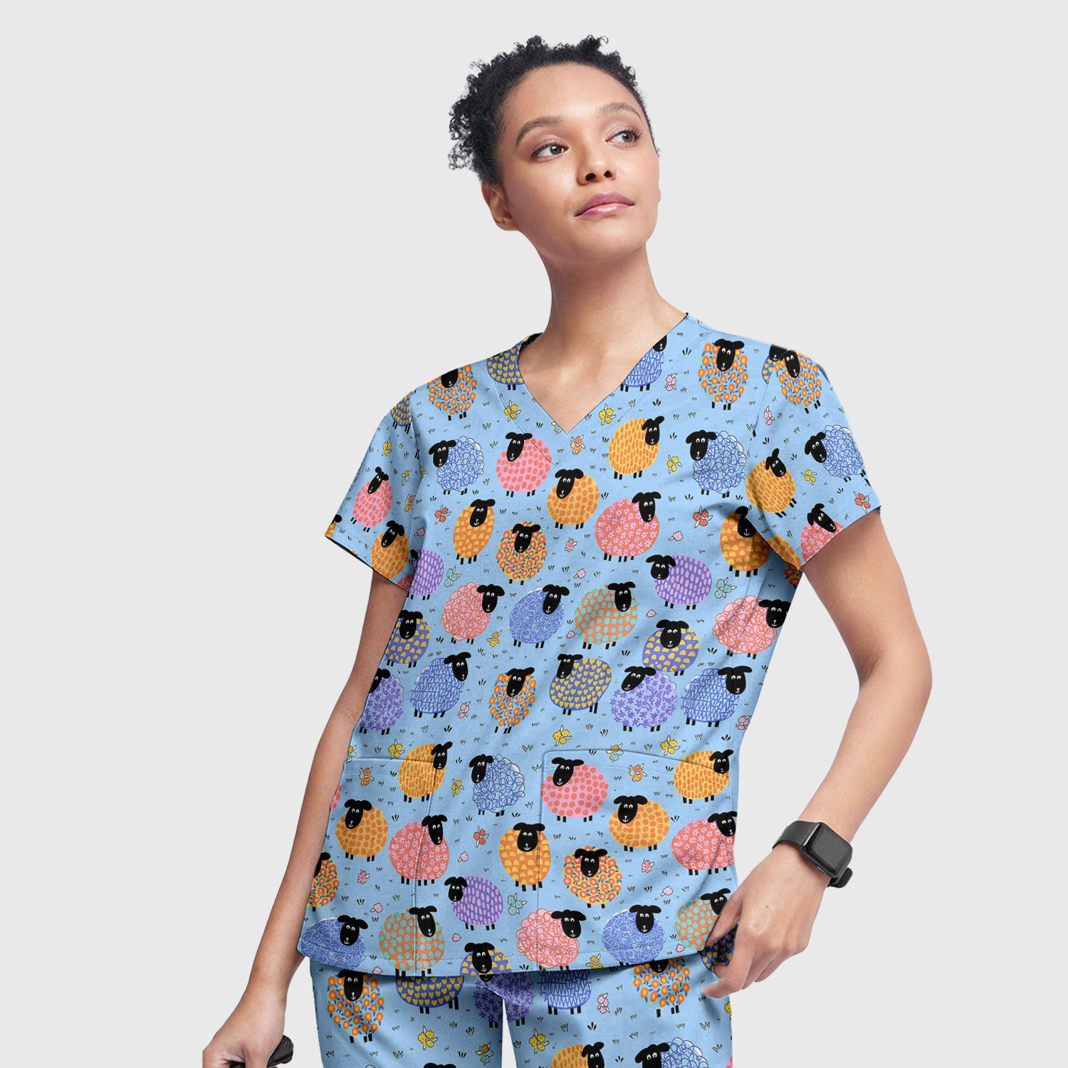 Funny Colorful Sheep Pattern Scrub Set, Scrub Pants and V Neck Top