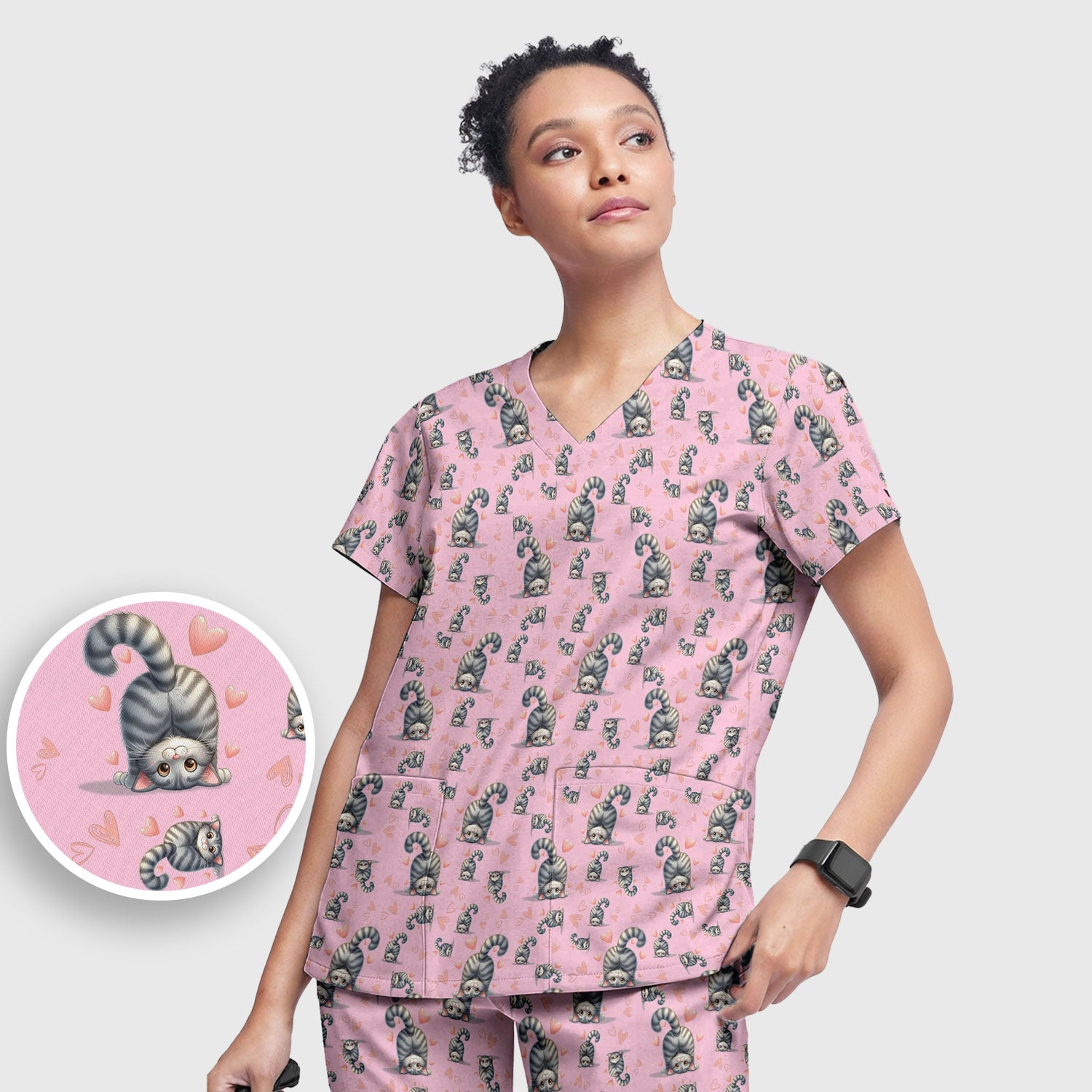 Valentine Cute Cat Scrub Set, Cat Heart Pattern Nurse Uniform, Comfortable Scrubs For Nurses