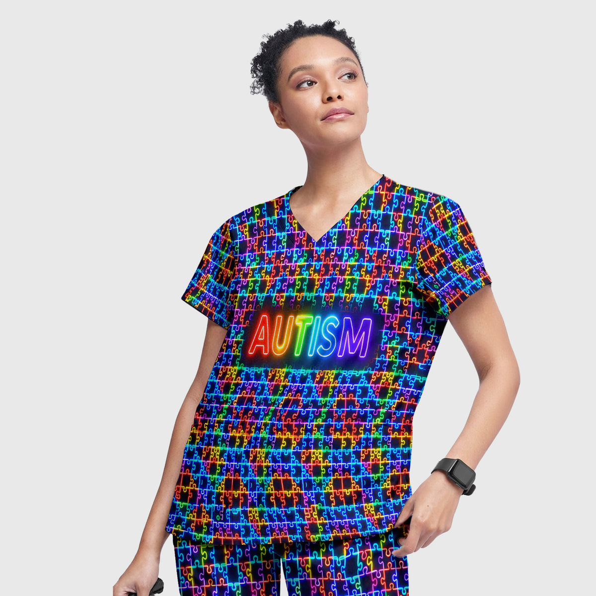 Autismus-Puzzle Neon-Muster Kasack-Sets, Kasack-Hosen und V-Ausschnitt-Oberteil