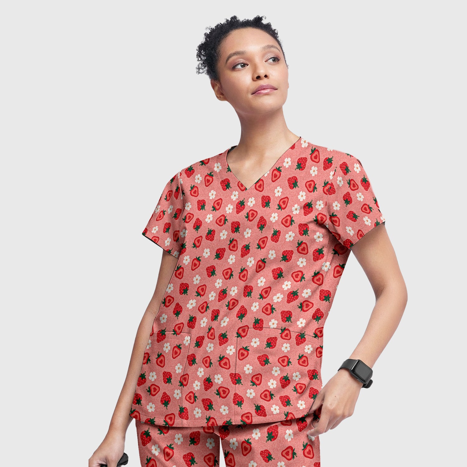 Sweet Strawberry Blossom Print Scrub Set, Women's Scrub Sets