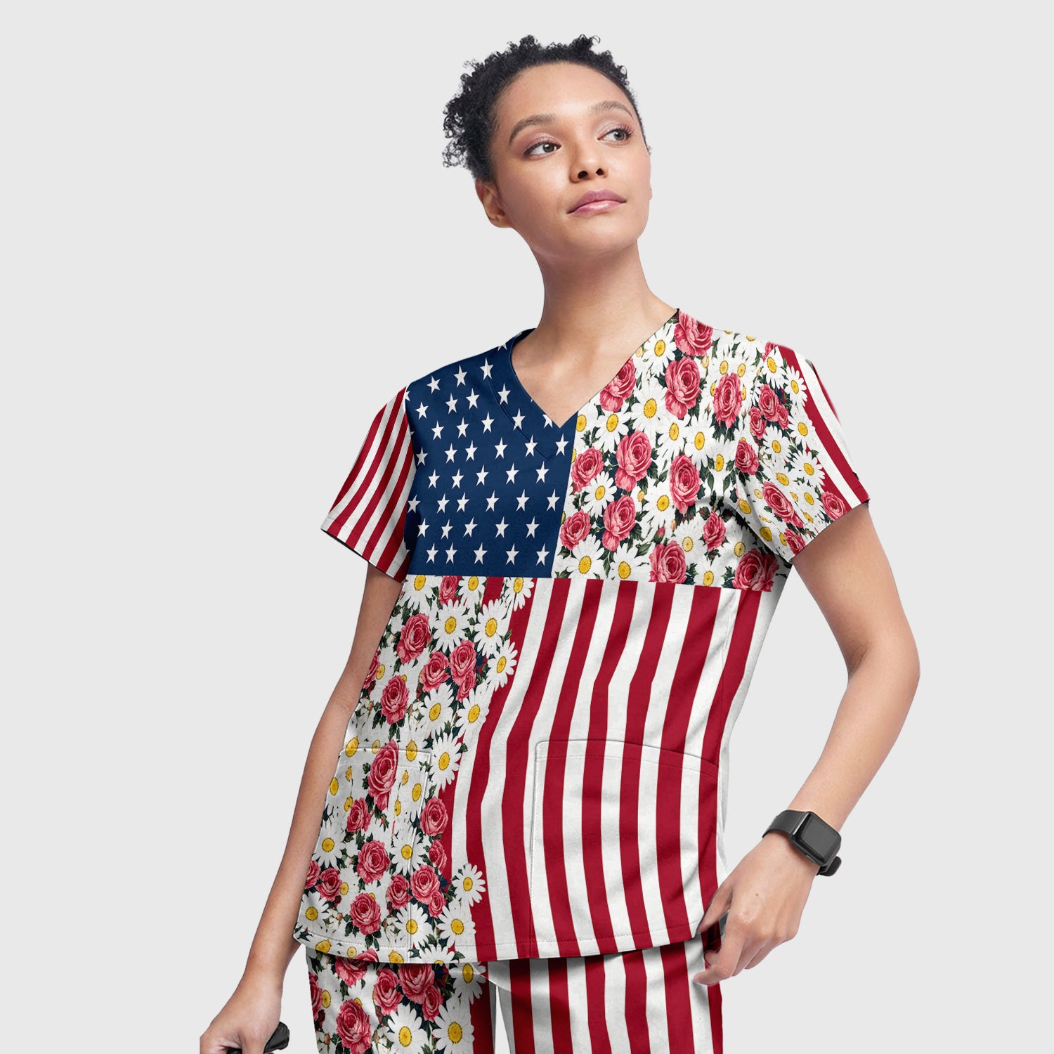 Floral American Flag Nurse Scrub Top for RN, CNA, Healthcare Workers, Patriotic Uniform Scrub Set, Scrub Pants and V Neck Top