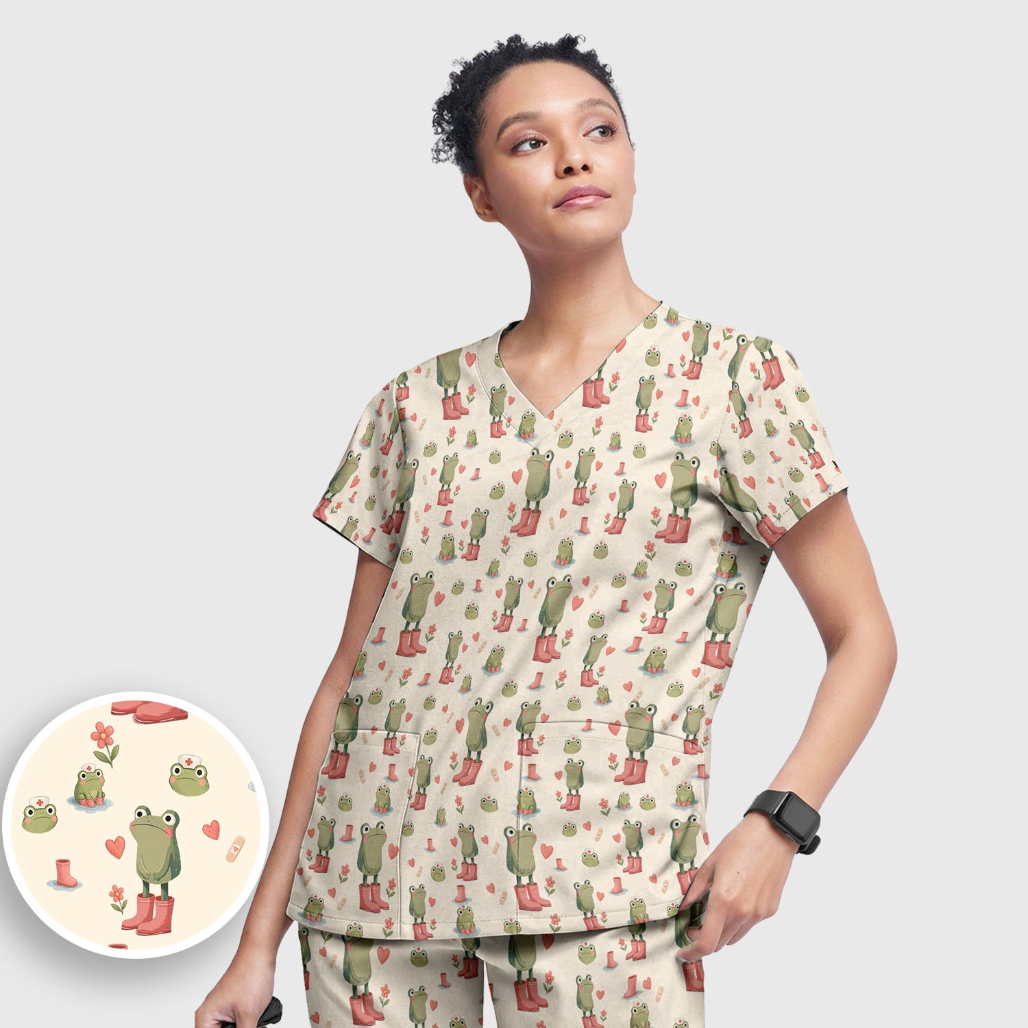 Adorable Frog Boots Heart Pattern Scrub Set, Nurse Uniform Scrubs Set