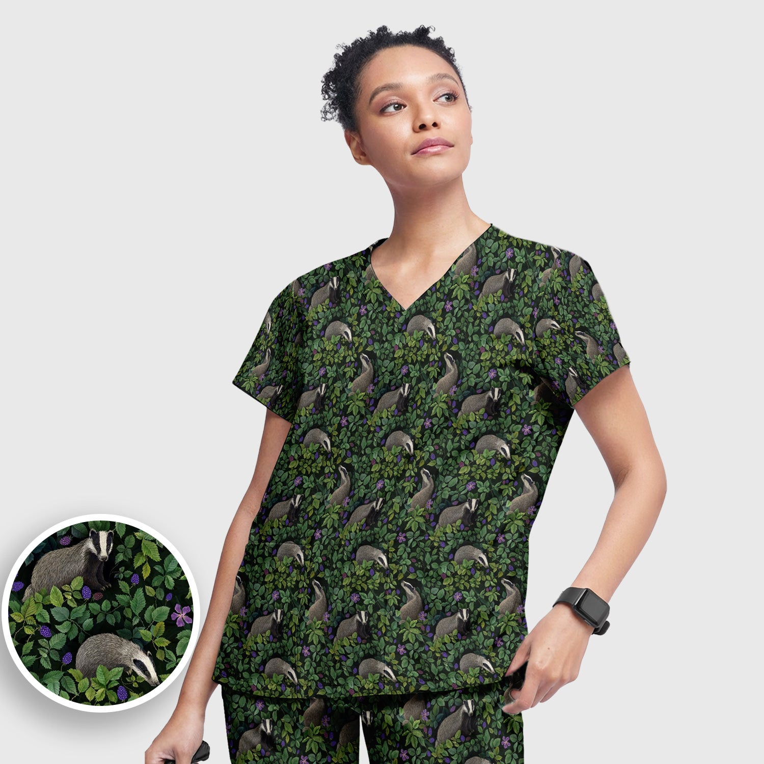 Woodland Badger Forest Pattern Scrub Set, Scrub Pants and V Neck Top