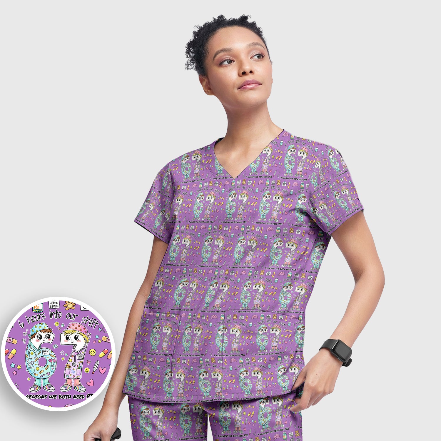 Cartoon Characters Six Hours Into Shift With Medical Doodle Scrub Set, Breathable Med Uniform