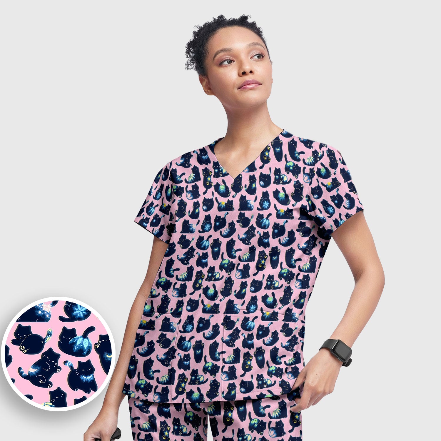 Midnight Cat Scrub Set, Black Cat Pattern Nurse Shirt, Breathable Fabrics Nursing Uniform