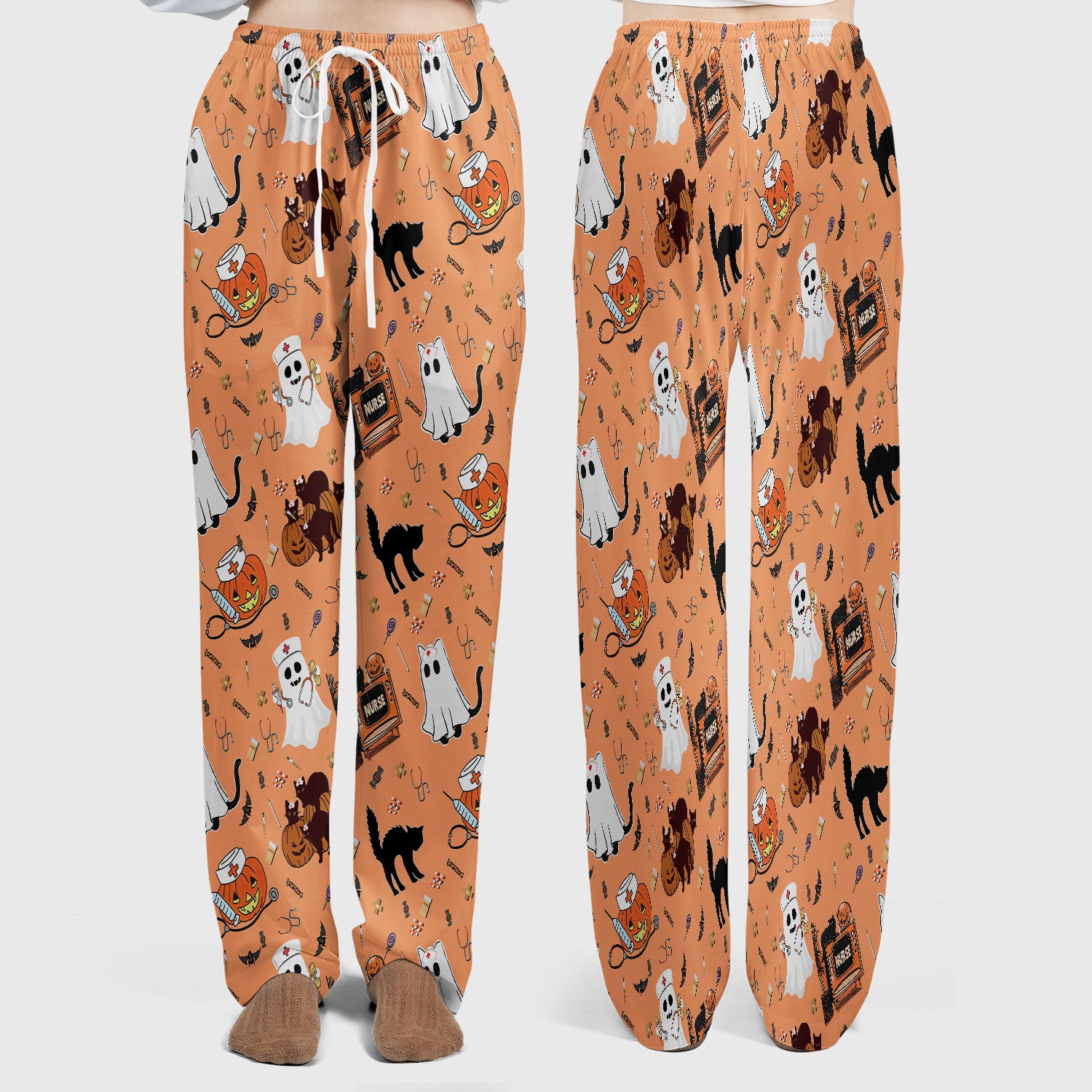 Halloween Scrub Set for Nurse - Cute Pumpkin Ghost Cat Medical Pants and V Neck Top - Spooky Uniform for Women RN CNA LPN