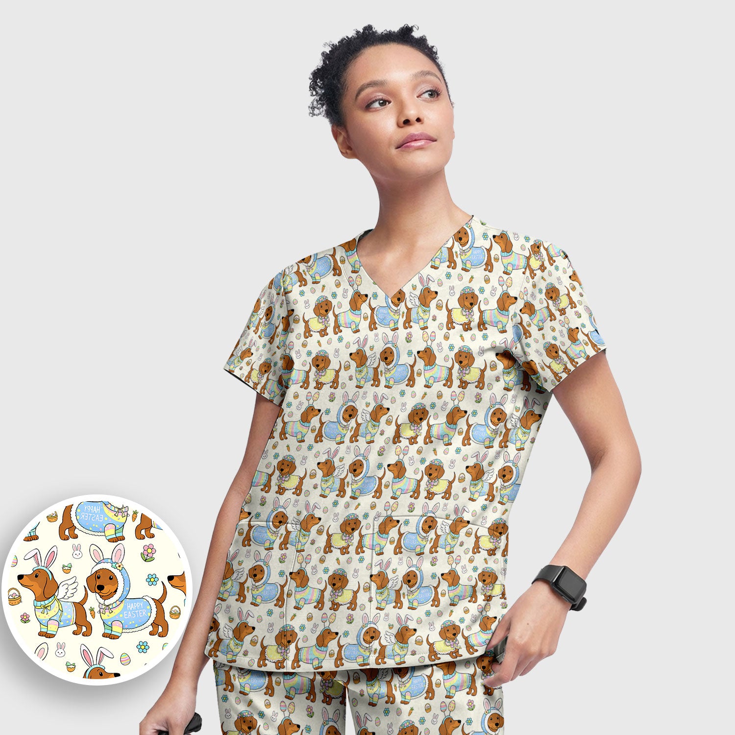 Easter Dachshund Bunny Pattern Scrub Set, Scrub Pants and V Neck Top