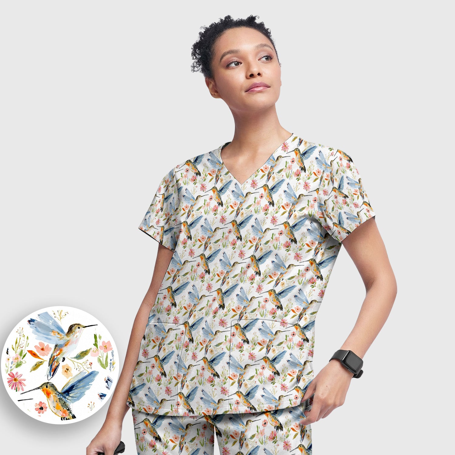 Watercolor Hummingbird Floral Pattern Scrub Set, Scrub Pants and V Neck Top