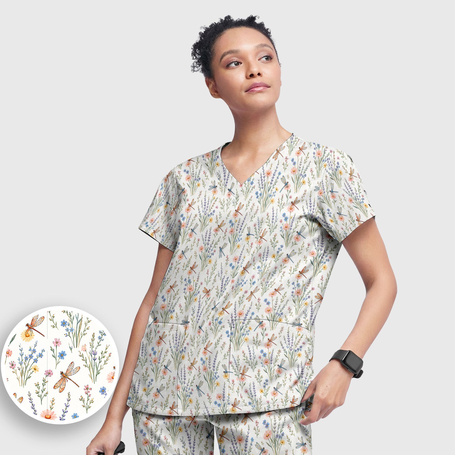 Dragonfly Wildflower Meadow Pattern Scrub Set, Scrub Pants and V Neck Top