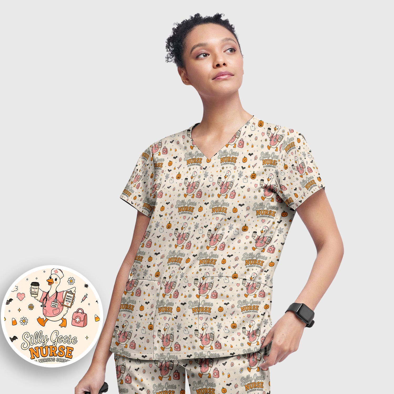 Funny Halloween Silly Goose Pattern Scrub Set, Scrub Pants and V Neck Top