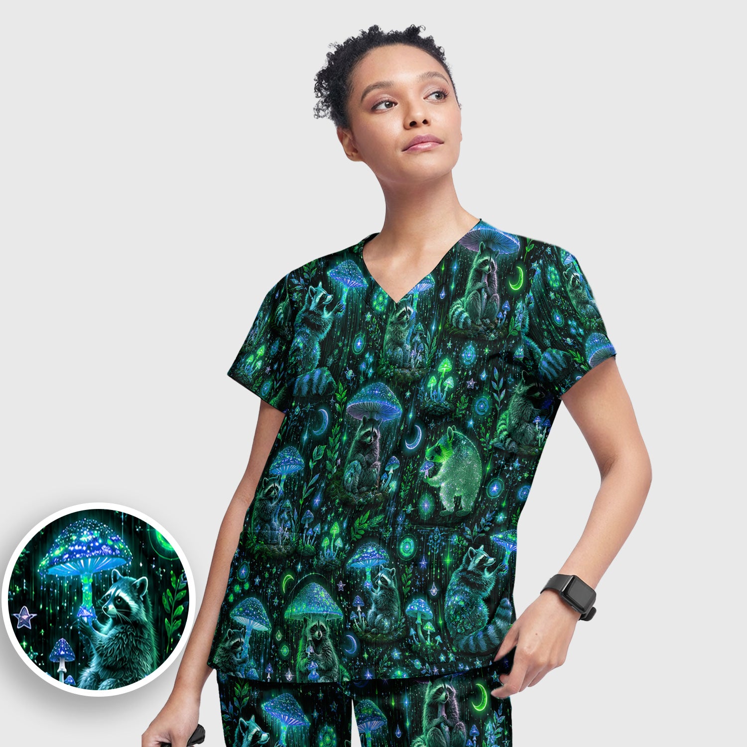 Glowing Raccoon Forest Pattern Scrub Set, Scrub Pants and V Neck Top