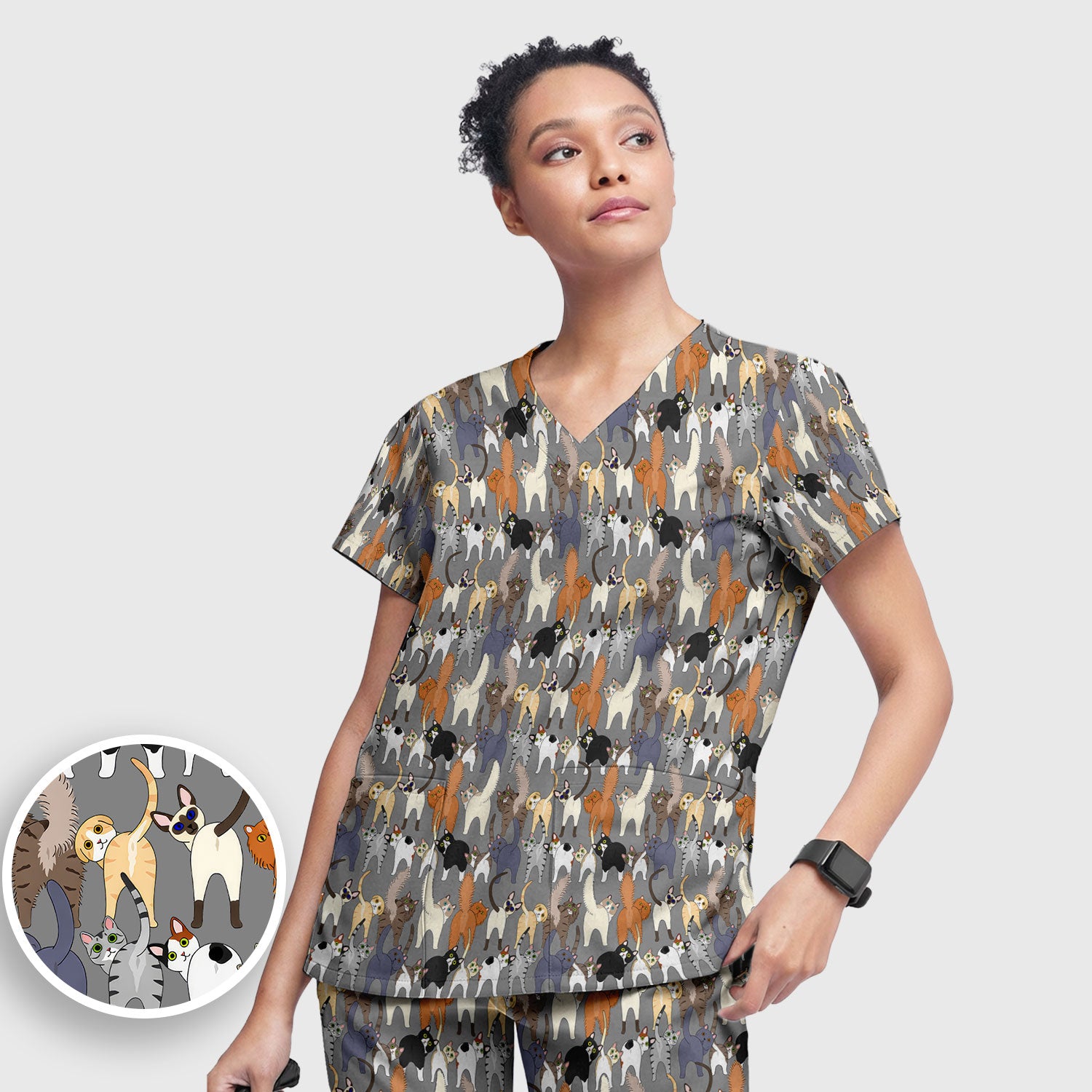 Whimsical Multicolor Cat Cartoon Pattern Scrub Set, Breathable Med Uniform