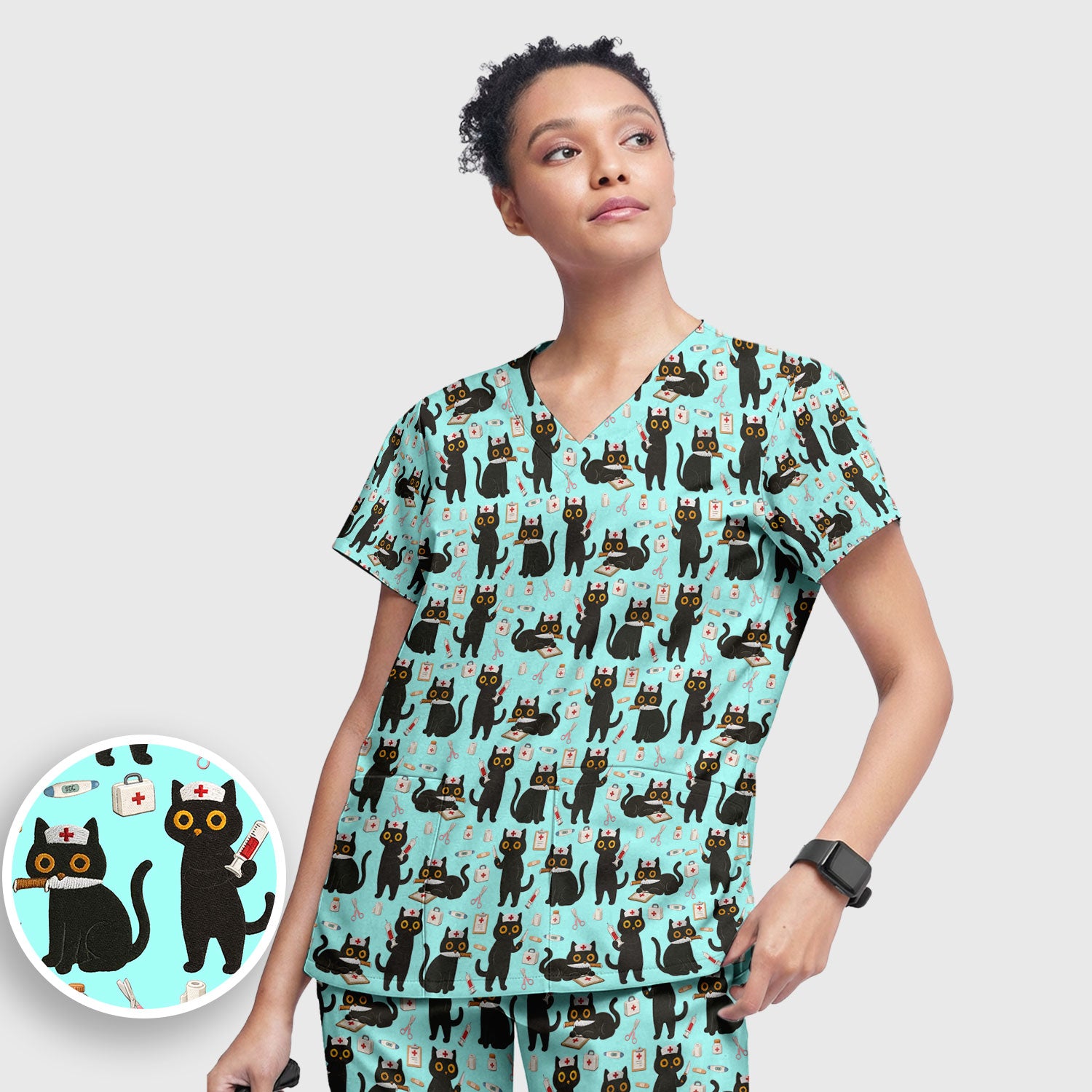 Cute Black Cat Nurse Pattern Women's Scrub Set, Breathable Med Uniform
