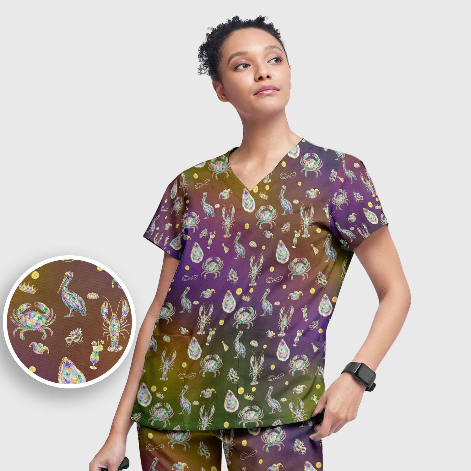 Mardi Gras Seafood Nurse Scrub Set, Comfortable Uniform Scrubs For Nursing