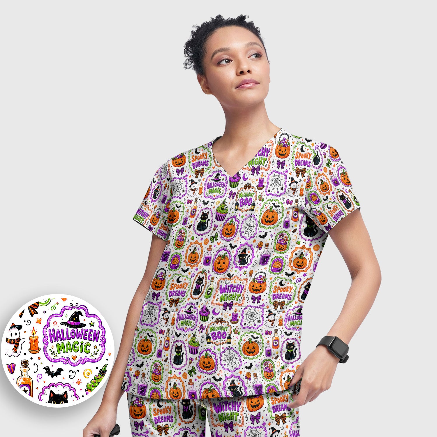 Witchy Halloween Magic And Pumpkins Scrub Set, Scrub Pants and V Neck Top