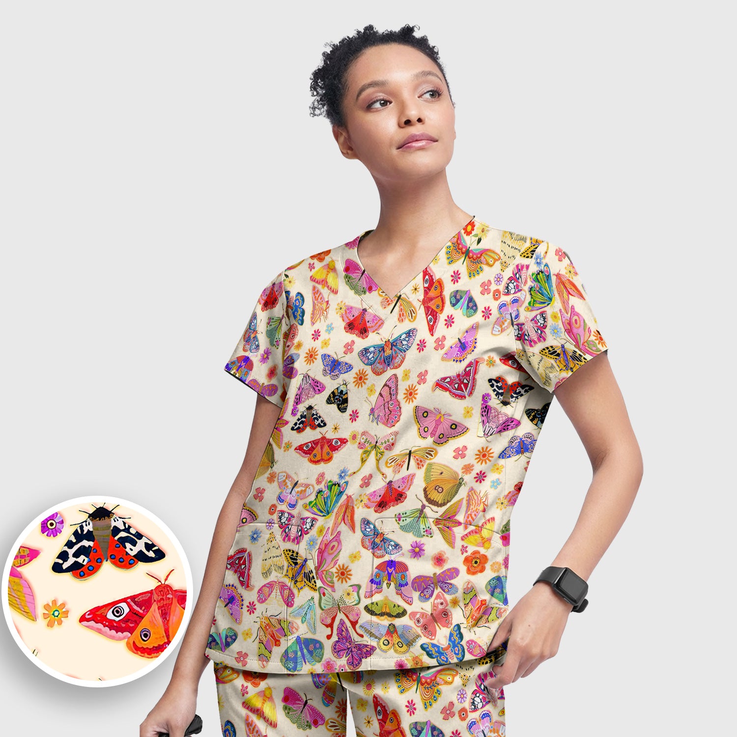 Colorful Butterfly Floral Pattern Scrub Set, Scrub Pants and V Neck Top
