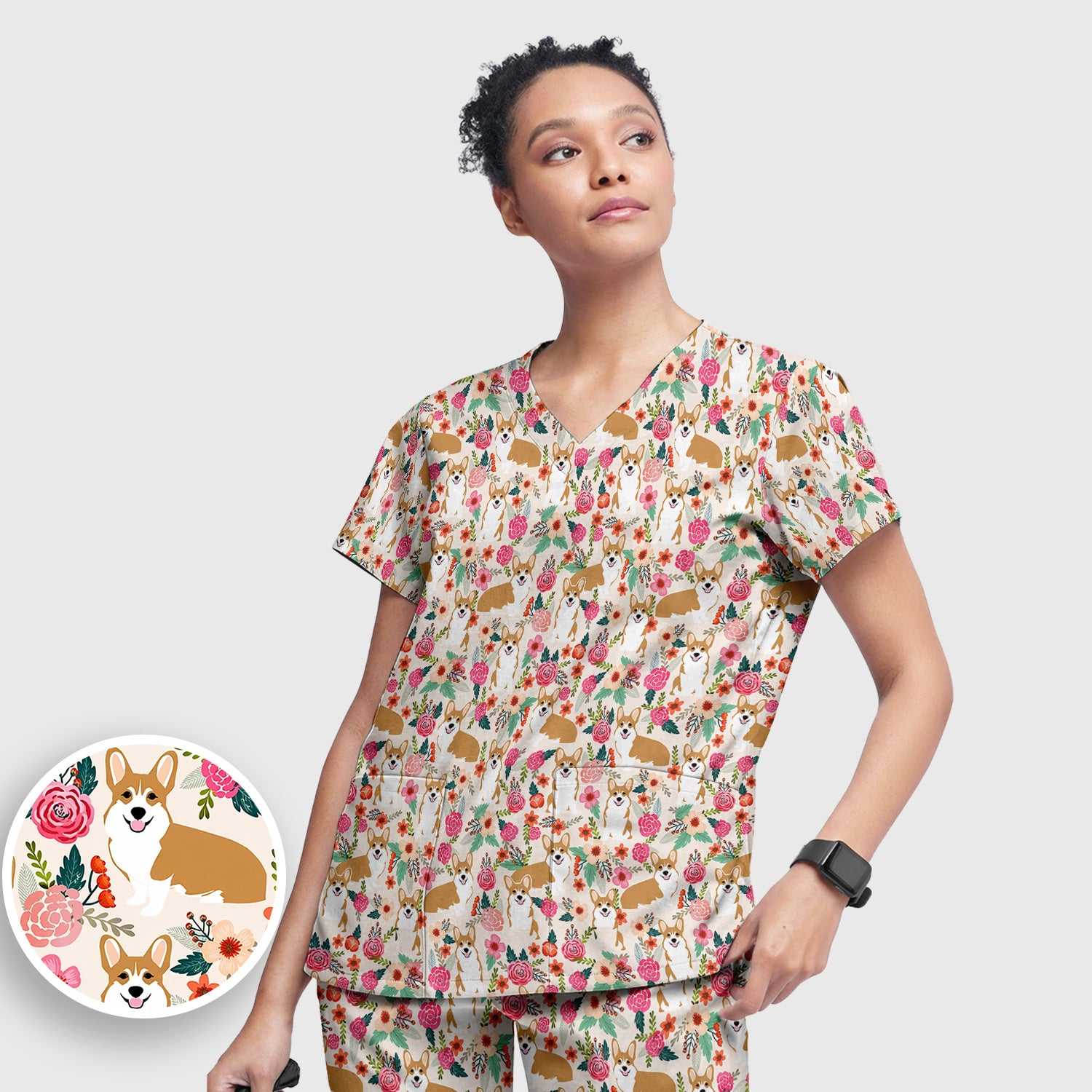 Cute Corgi Dog Floral Garden Pattern Nurse Scrub Set, Scrub Pants and V Neck Top