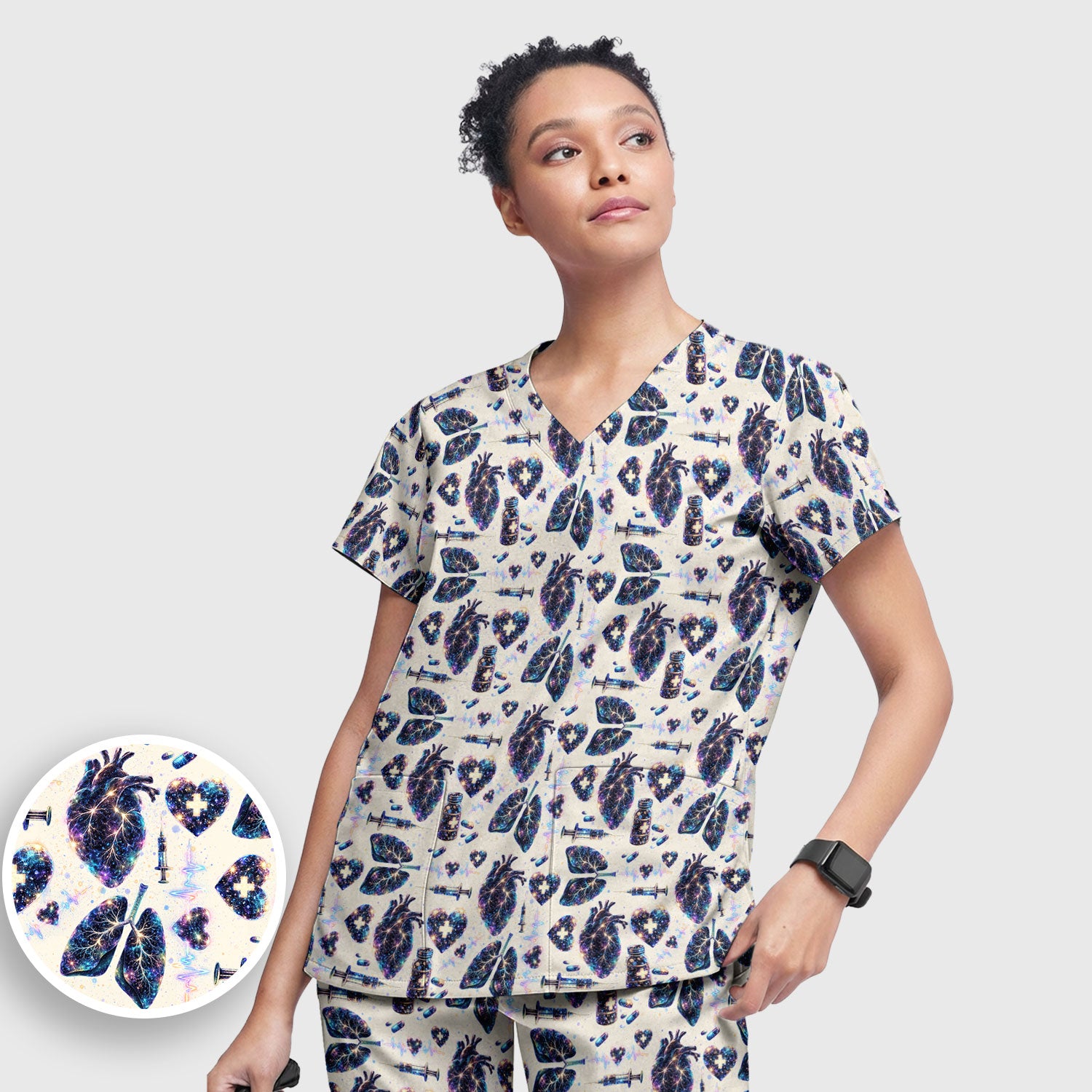 Galaxy Anatomical Heart Lung Syringe Print Scrub Set, Breathable Med Uniform