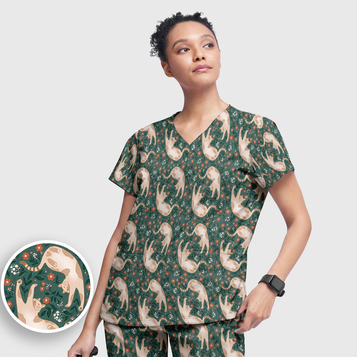 Glowing Blue Butterfly Garden Pattern Scrub Set, Scrub Pants and V Neck Top