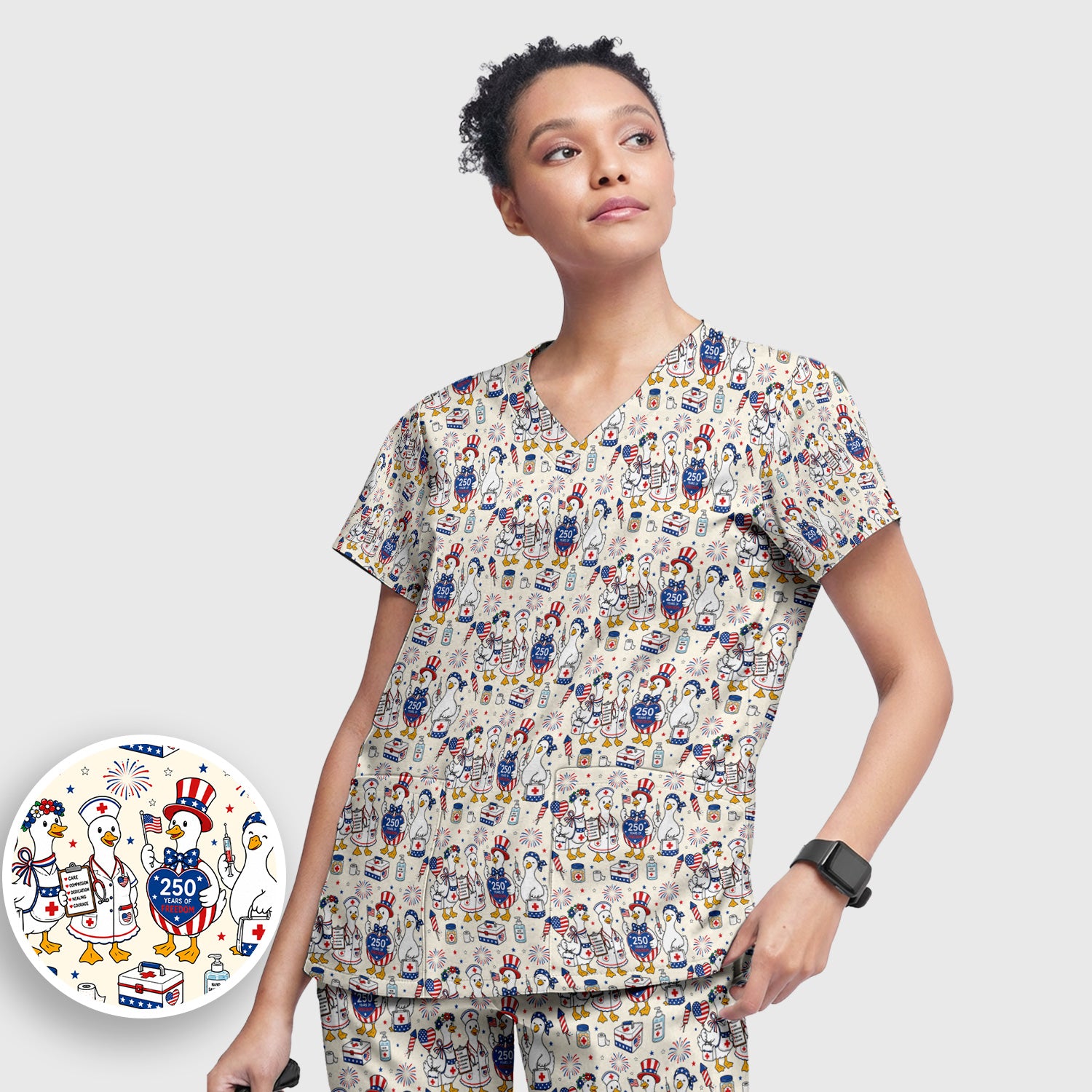 Funny Patriotic Goose Nurse for RN, CNA, Healthcare Workers Scrub Set, Scrub Pants and V Neck Top