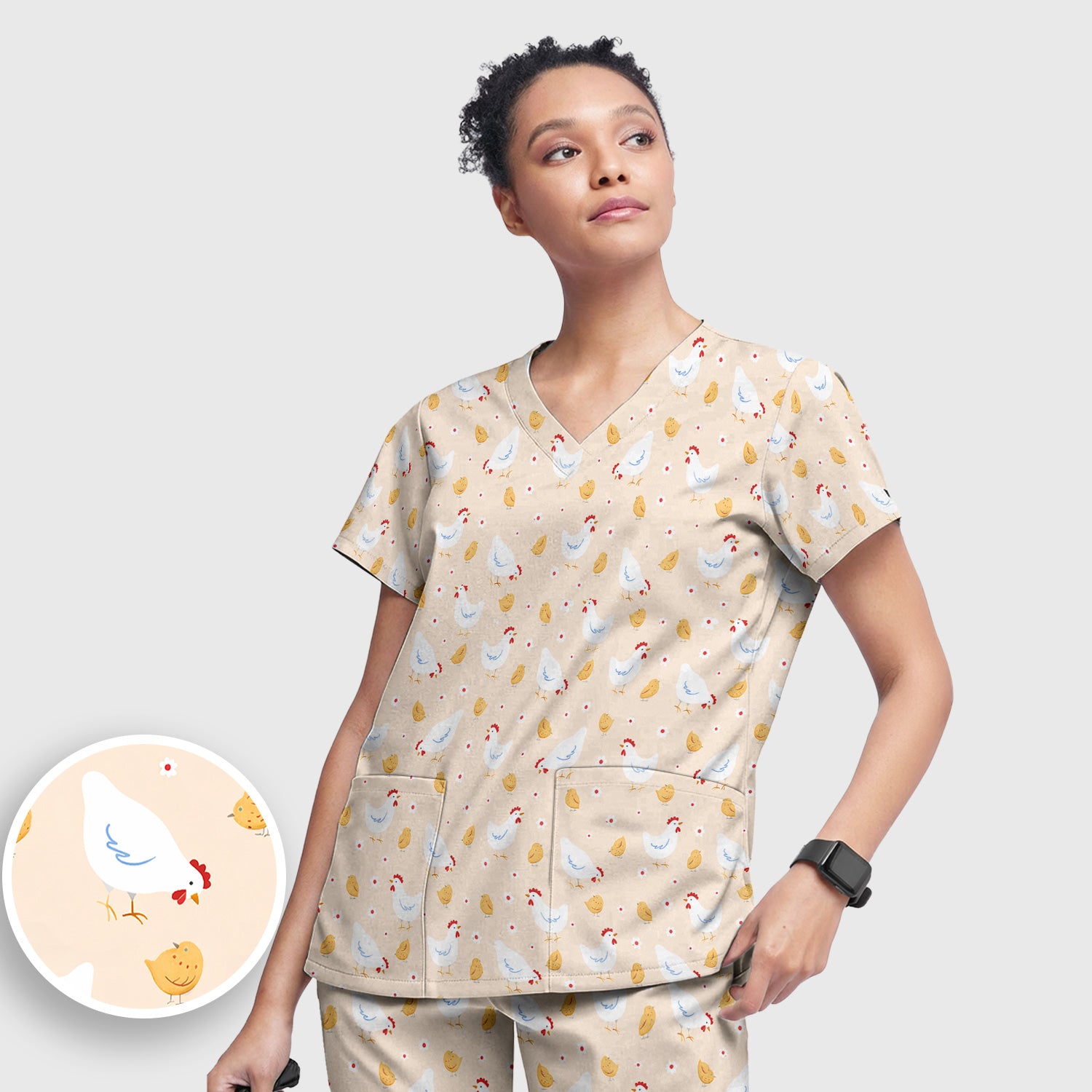 Chicken And Cute Chicks Pattern Scrubs Sets, Scrub Pants and V Neck Top