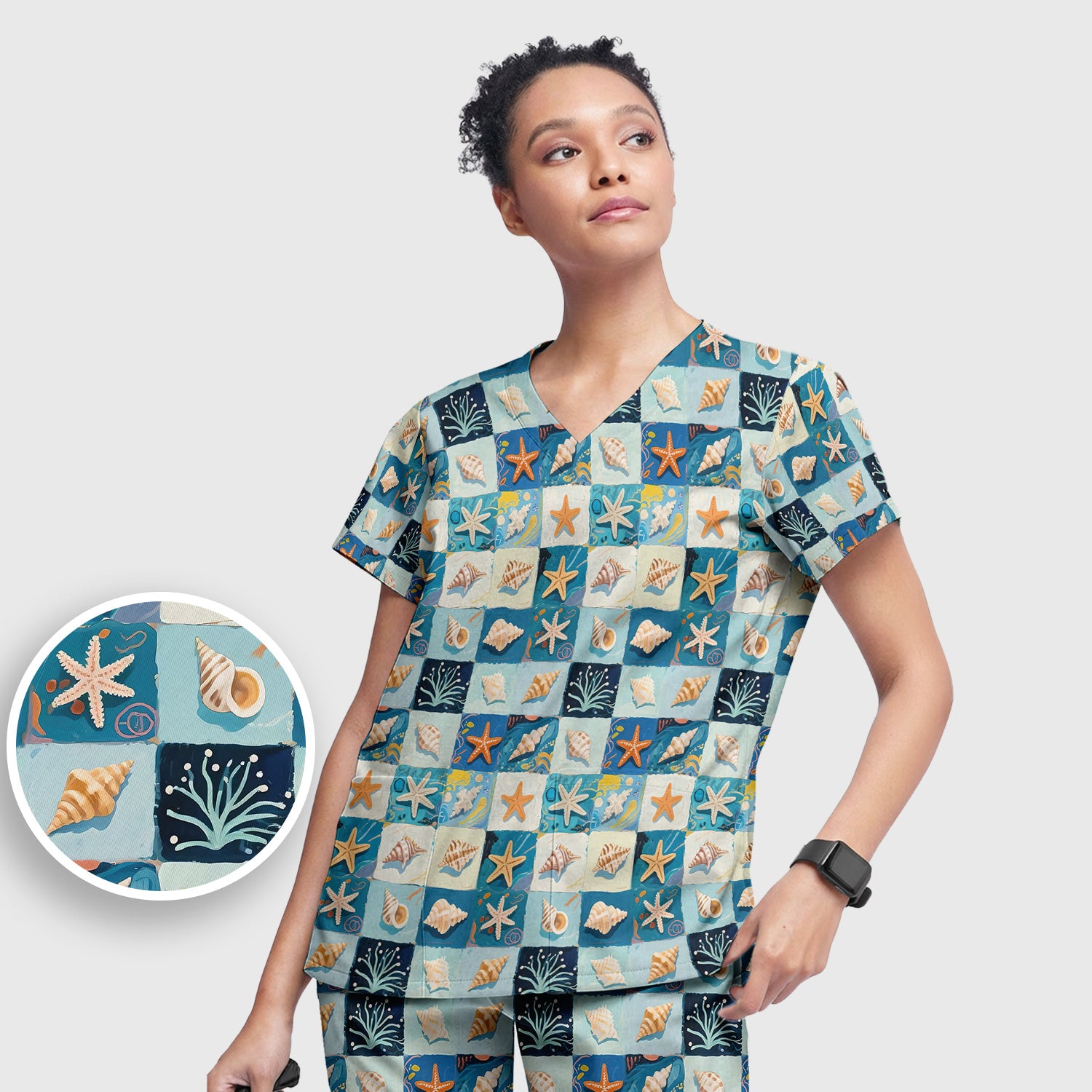 Cute Seashell Starfish Ocean Tile Pattern Scrub Set, Scrub Pants and V Neck Top