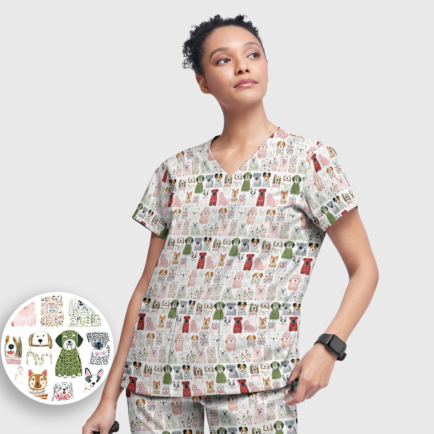 Cute Cartoon Dog Breeds Pattern Scrub Set, Breathable Med Uniform