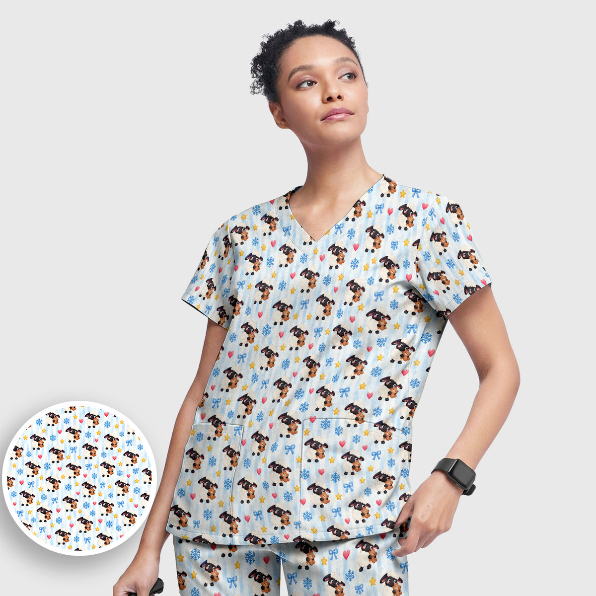 Cute Winter Lambs Holding Teddy Bears Scrub Set, Scrub Pants and V Neck Top