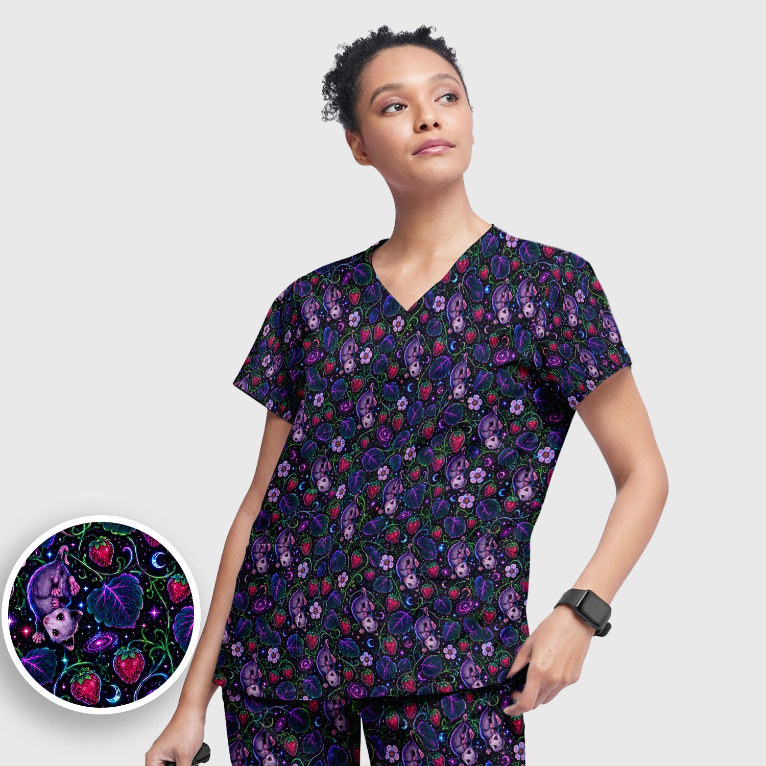 Galaxy Strawberry Opossum Pattern Scrub Set, Scrub Pants and V Neck Top