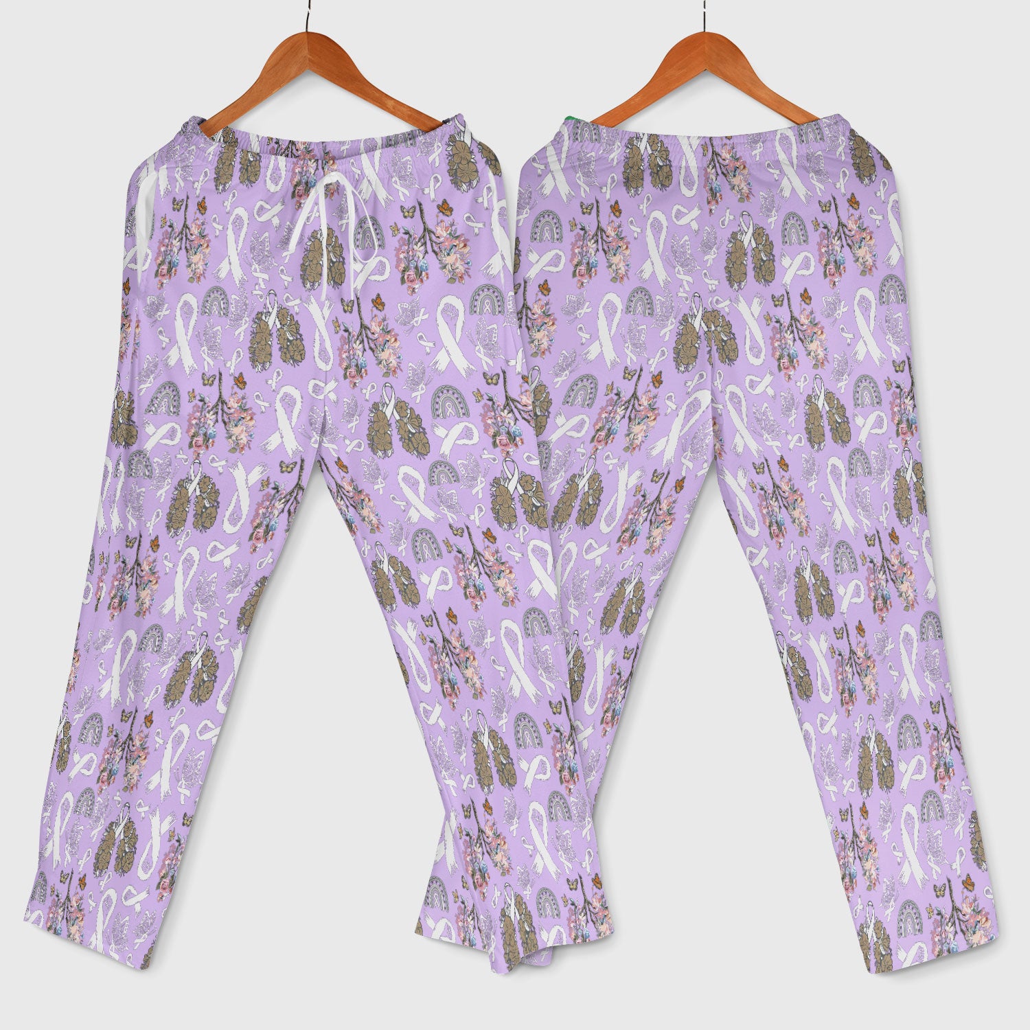 Lung Cancer Awareness Scrub Sets for Women - White Ribbon Butterfly Floral Scrub Pants and V Neck Top - Comfortable Med Uniform for Her