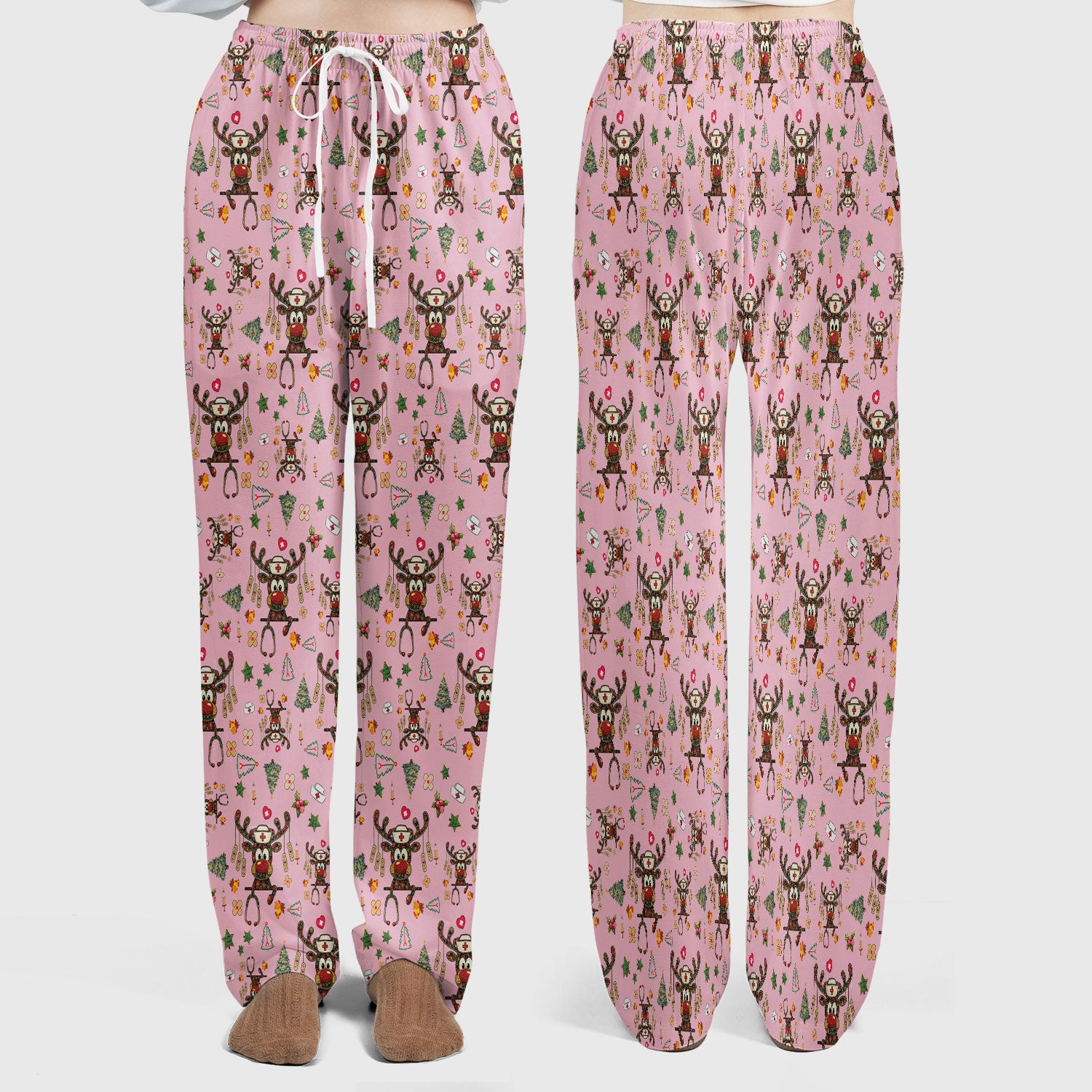 Reindeer Christmas Nurse Scrub Set - Funny Holiday Scrubs Pants and V Neck Top - Cute Medical Uniform for Women