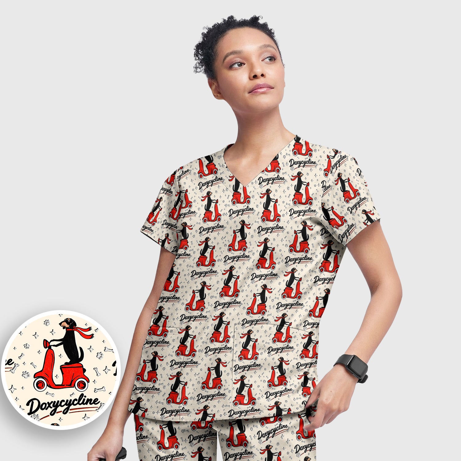 Funny Dachshund Riding Scooter Doxycycline Print Scrub Set, Breathable Med Uniform