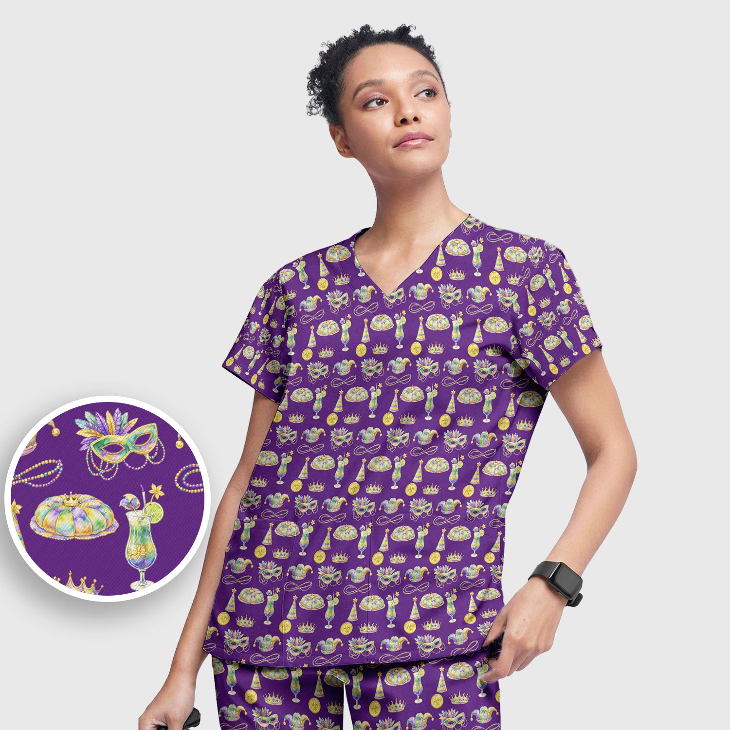 Mardi Gras Mask Scrub Set, Elegant Carnival Pattern Nurse Shirt For Women, Breathable Fabrics Nursing Uniform