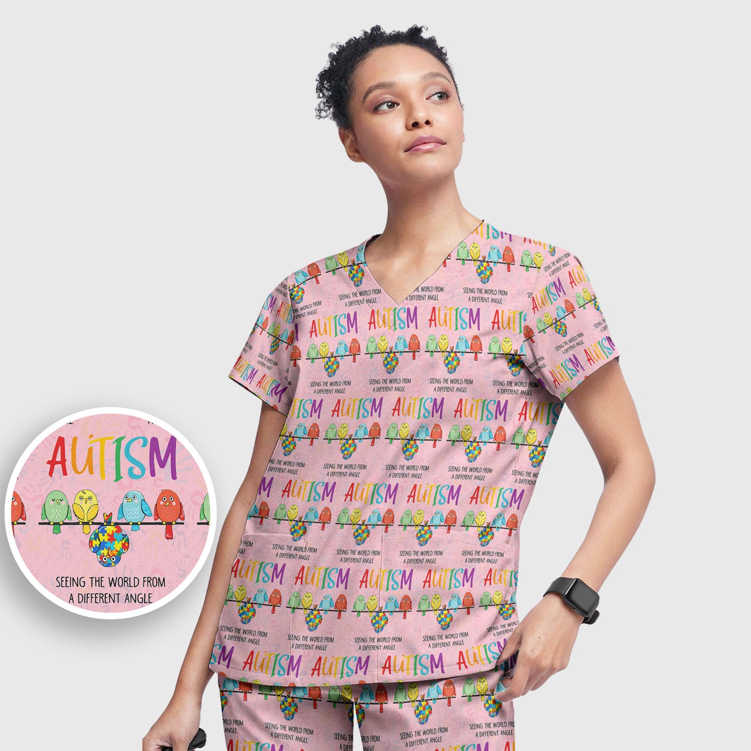 Autism Seeing The World From A Different Angle Birds Scrub Set, Breathable Med Uniform