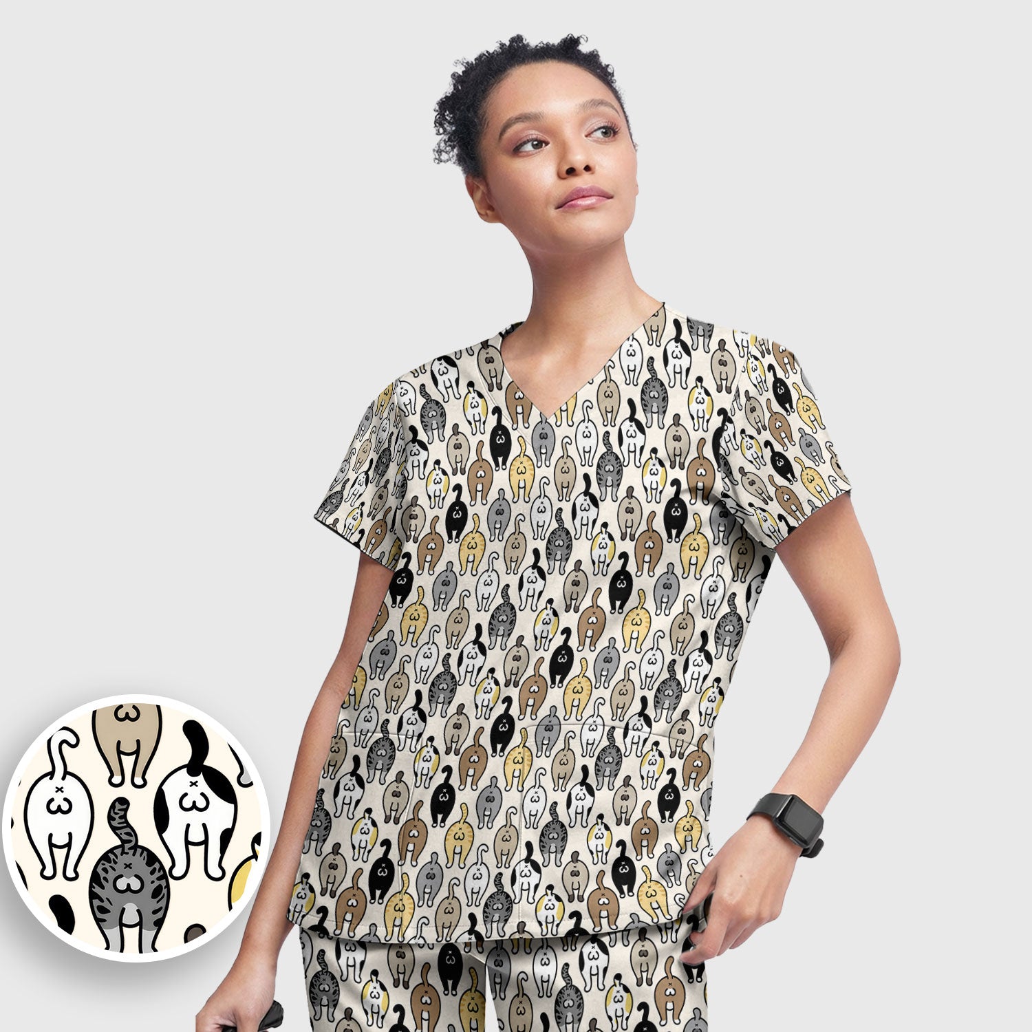 Cat Lover Nurse Scrub Set, Funny Cat Butt Pattern Medical Shirt, Breathable Fabrics Nursing Uniform