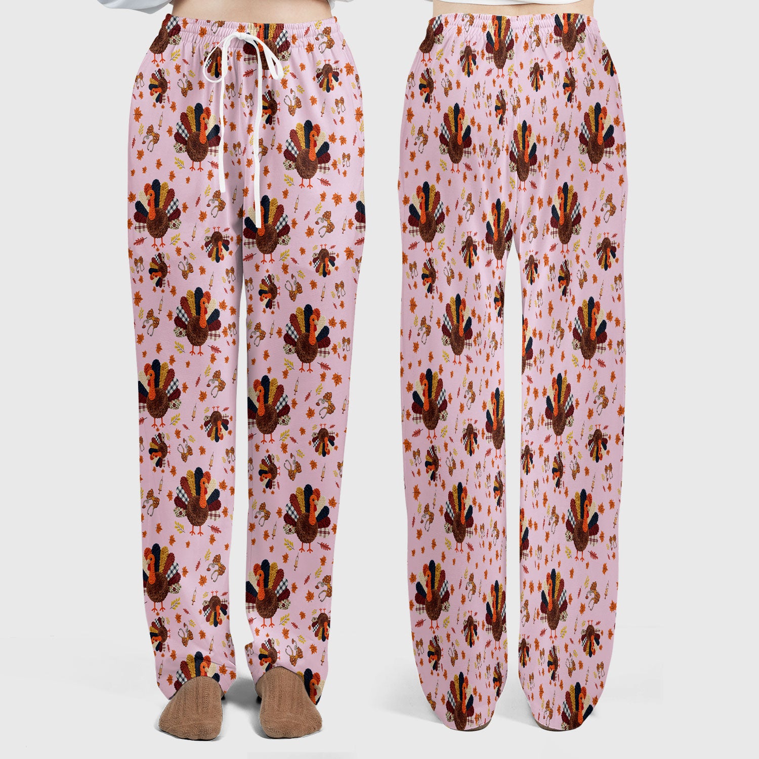 Funny Thanksgiving Nurse Scrub Sets - Fall Leaves and Pumpkin Scrub Pants and V Neck Top - Autumn Turkey Med Uniform