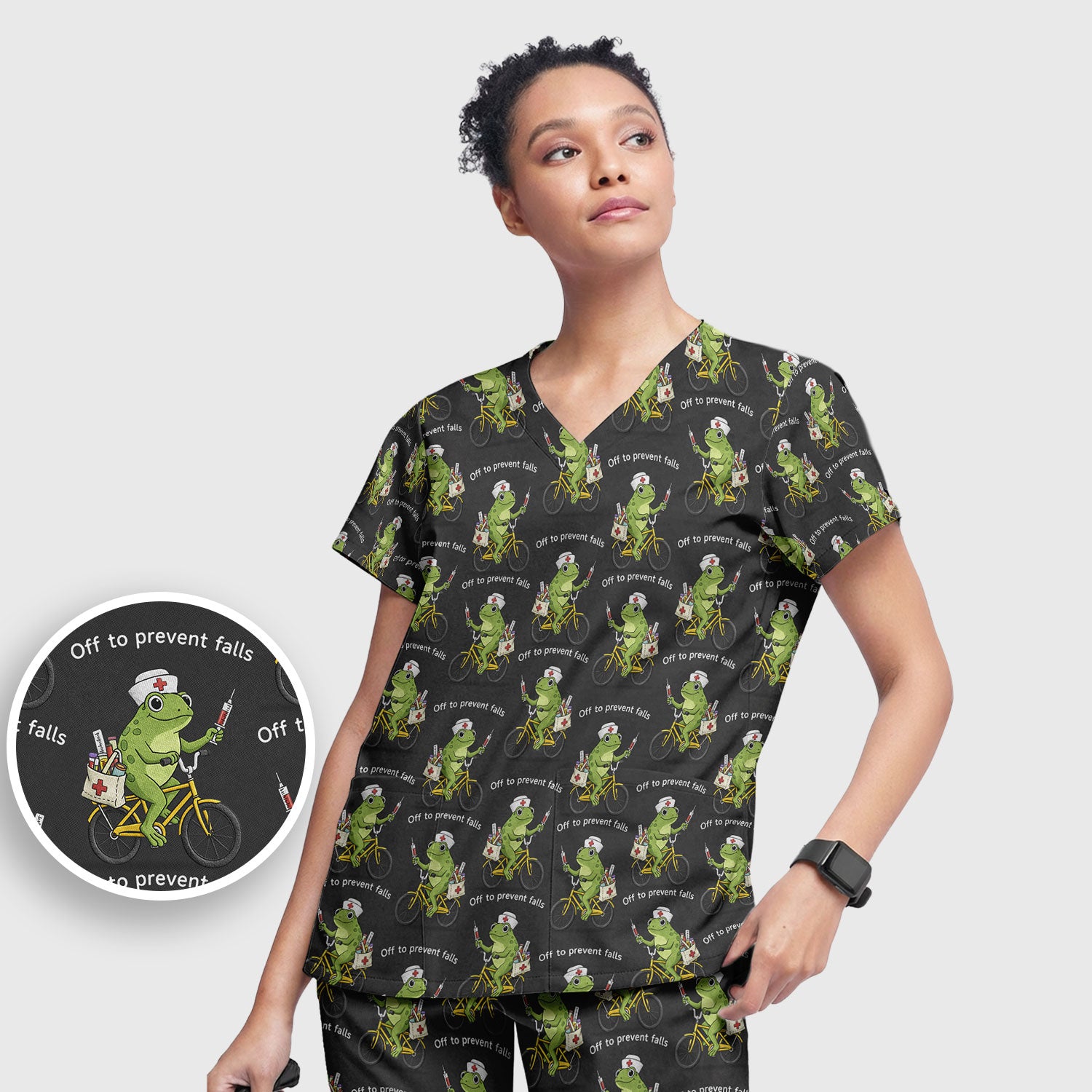 Cute Frog Riding Bike With Funny Quote Scrub Set, Scrub Pants and V Neck Top