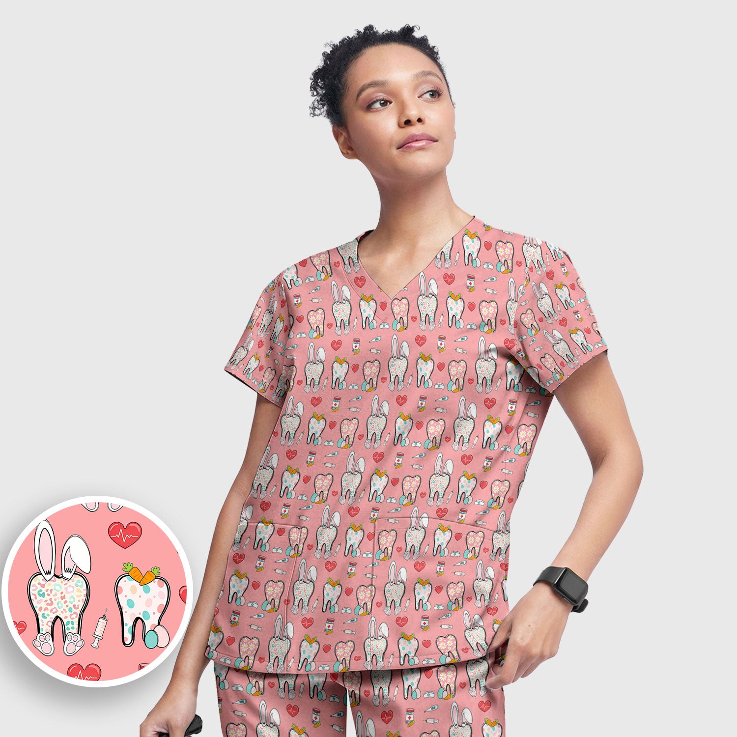 Playful Bunny Dentist Illustration Medical Set, Scrub Pants and V Neck Top