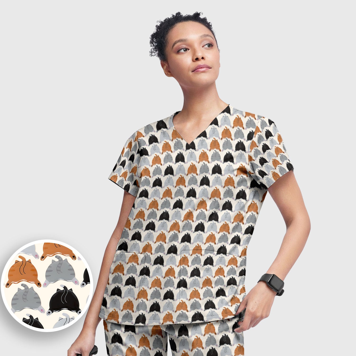 Playful Multicolor Cat Print Scrub Set, Breathable Med Uniform