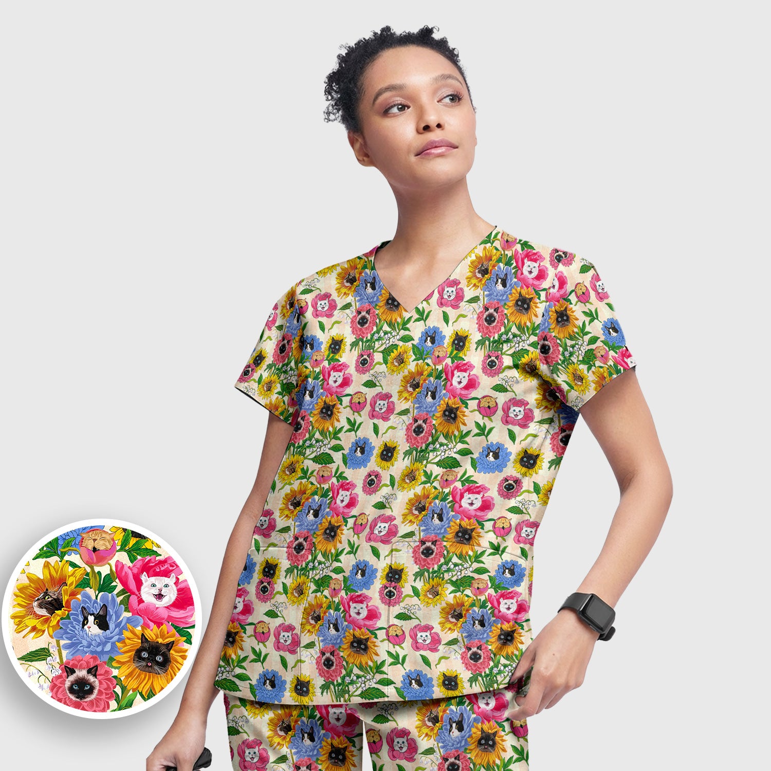 Cat Face Hidden In Colorful Flower Garden Scrub Set, Scrub Pants and V Neck Top
