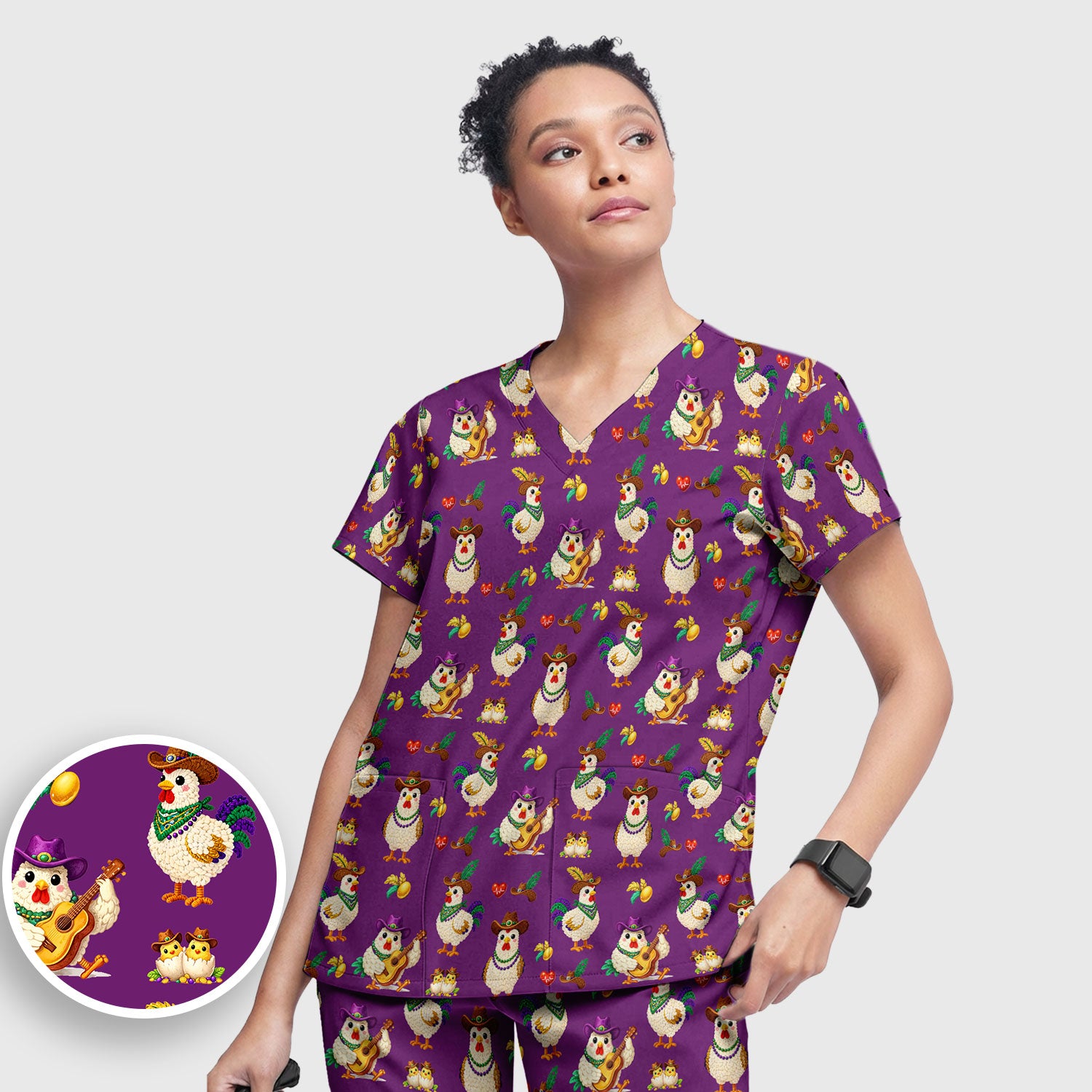 Funny Mardi Gras Rooster Cowboy Print Set, Women's Scrub Sets
