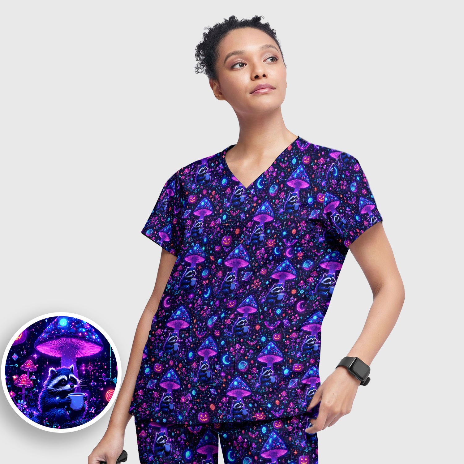 Halloween Raccoon And Mushrooms Scrub Set, Scrub Pants and V Neck Top