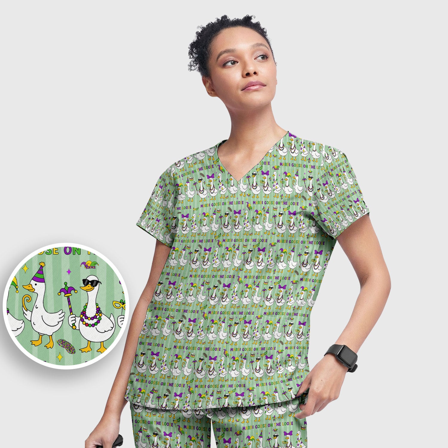 Mardi Gras Goose Nurse Scrub Set, Funny Carnival Medical Pattern Nurse Shirt, Breathable Fabrics Nursing Uniform