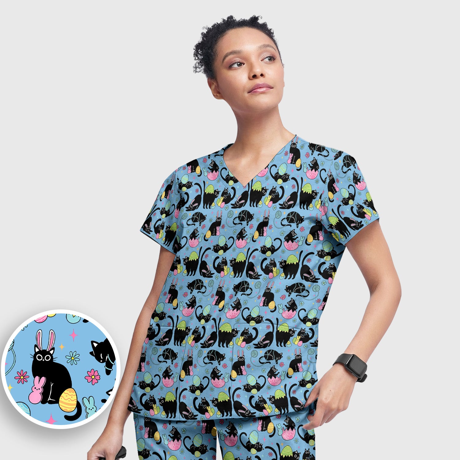 Funny Easter Black Cat Egg Pattern Scrub Set, Scrub Pants and V Neck Top