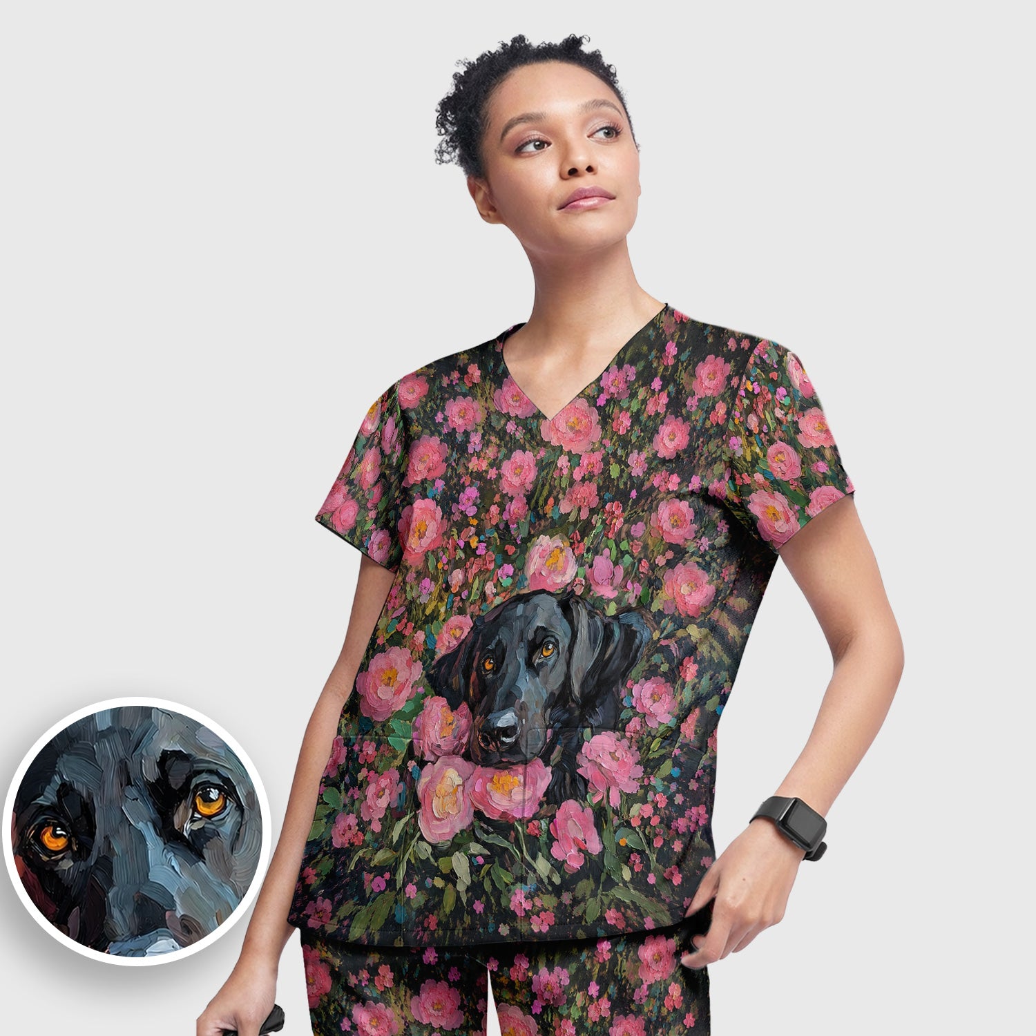 Painterly Floral Black Dog Pattern, Pet Lover Medical Scrub Set, Scrub Pants and V Neck Top