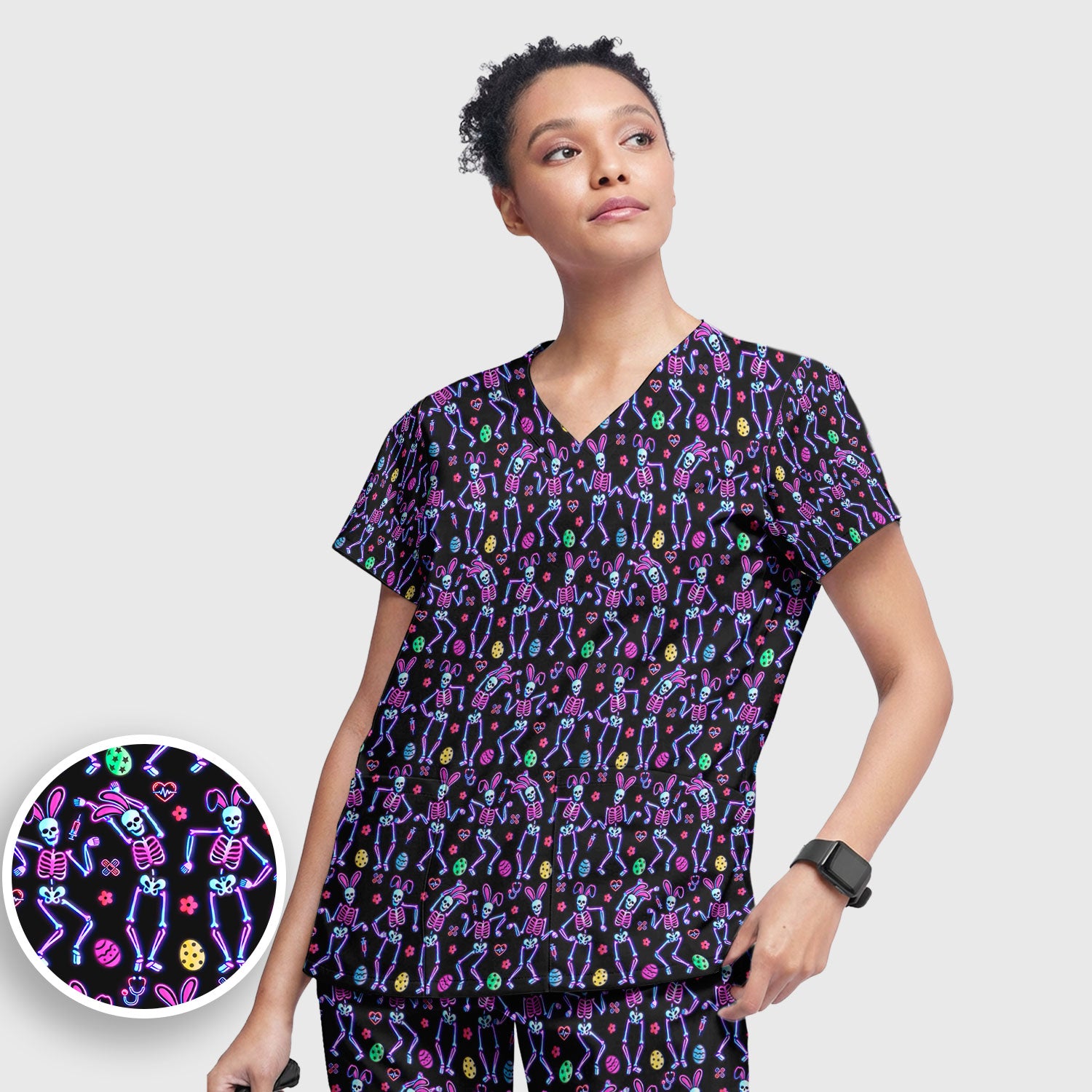 Neon Easter Skeleton Print Scrub Set, Scrub Pants and V Neck Top